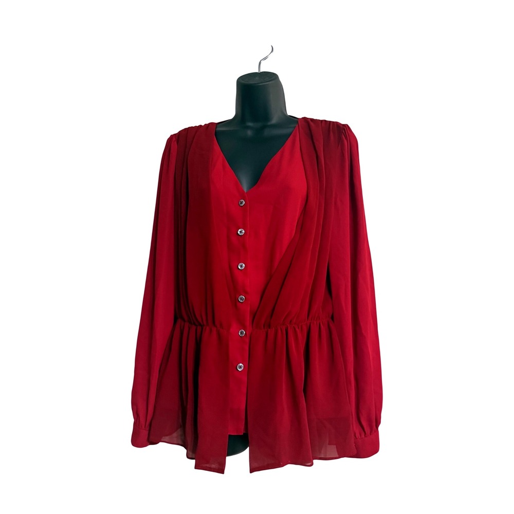 Pink Martini Red Peplum Blouse V-Neck Button Front Long Sleeve Small